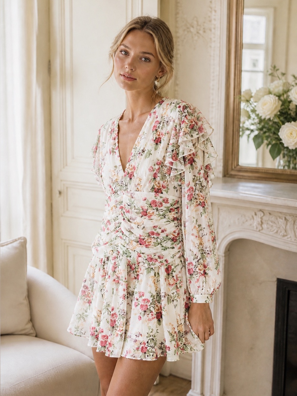 BEULAH London Floral Ruched Mini Dress